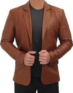 Men’s Brown Lambskin Leather Blazer - Stylish Casual Long Sleeve Jacket with Love Pockets - Classic Menswear Fashion Coat, Plain Elegant Leather Tops