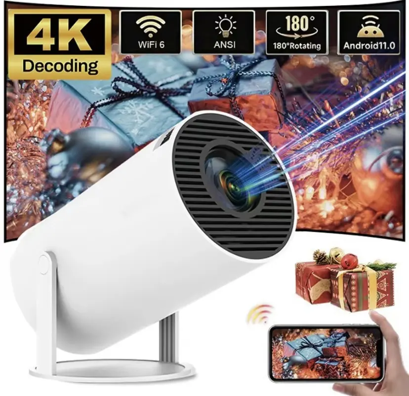 4K Mini Projector 10000 Lumen LED 1080P WiFi Bluetooth UHD Portable Android, with HDMI, USB, dual WiFi6, rotatable, voplls Miniprojector Cable Audio Upgraded Version In White