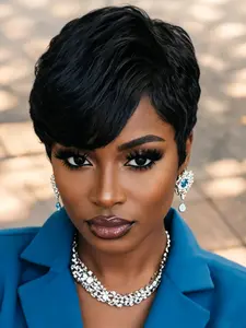 pixie cut wig straight layered black brown color pixie cut human hair silky wigs for women short daily party cosplay use  human hair wig machine made wig