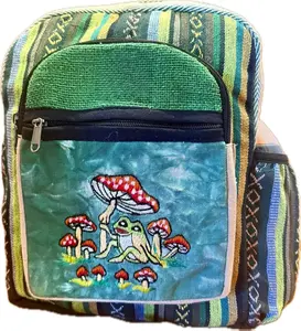 HempStyle Pure Himalayan Hemp Unisex Medium Backpack 13"x11" Mushroom and Froggy Print Boho Green