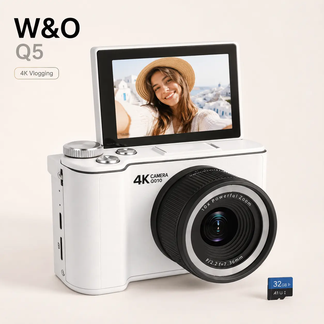 W&O Q5 White 4K Vlogging Camera for Beginners & Teens, Up to 64MP Photos, Autofocus Point-and-Shoot Camera with 180° Flip Screen, Ring Light, 16X Zoom, 32GB Card, First Camera Birthday Gift Digital HD,back to school,back to school haul