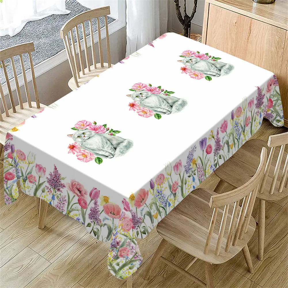 Rectangular Tablecloth with Colorful Tulips and Cute Cat Pattern, Indoor and Outdoor Use, Kitchen Decor, Wedding, Party, Restaurant, Picnic