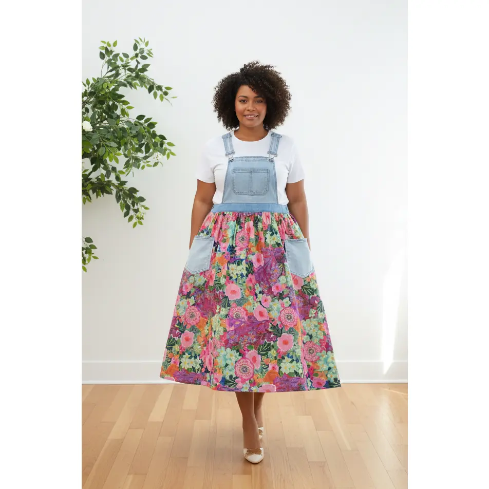Upcycled Floral Overall Dress – Elastic Waist, Size XL/2X