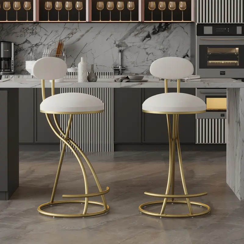 Bellemave Contemporary Counter Height Barstools (Set of 2), 27.95in Armless Velvet Seat, High Resilience Upholstered Back, Gold & Creamy White Round Base, Assembly Required, for Dining Room, Kitchen Island