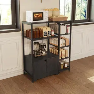 5-Tier Coffee Bar with Shelves,Bakers Rack with Storage Cabinet,Wood and Metal Bookshelves Storage Organizer,Industrial Display Standing Shelf Unit for Bedroom, Living Room