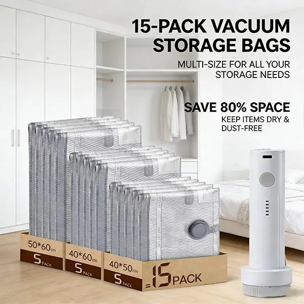 【Summer Vibe】Wireless Travel Vacuum Storage Bag Set with Rechargeable Air Pump, 9/15 Pack Leakproof Airtight & Reusable Compression Bags, Ideal for Carry-On Luggage, Travel & Home Storage