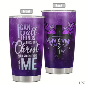 1pc 20oz Stainless Steel Tumbler |     Double Wall Vacuum  Travel Mug with Inspirational "I Can Do All Things Through Christ" Print - Durable Coffee Travel Mug, Inspirational Quote Mug