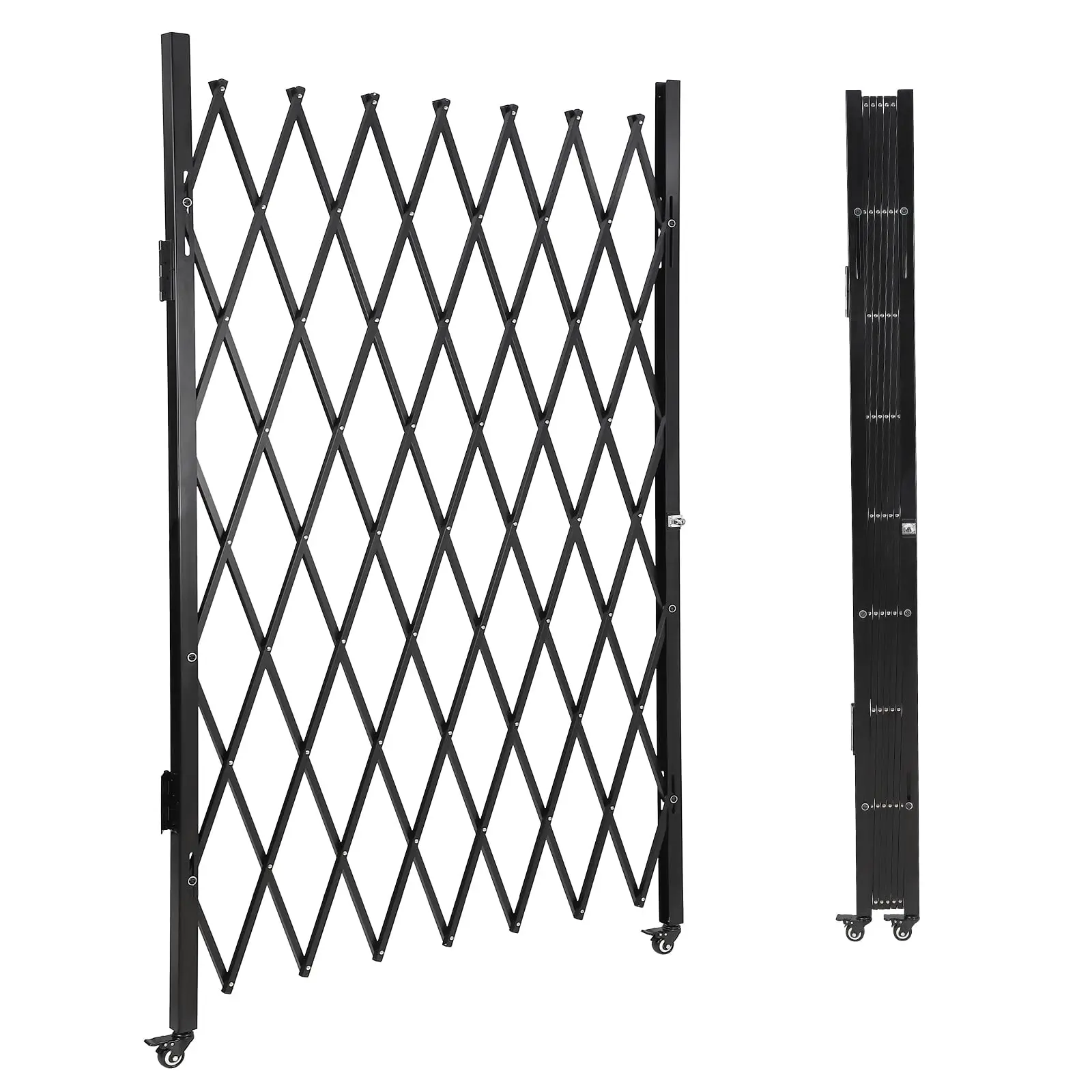 Two sizes, one tough steel gate. Roll this folding security barrier into place on casters and lock it down without drilling. Choose 61x71 inches for doorways and hallways or 85x95 inches for wide openings and driveways. Tap to find your fit.
