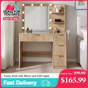 [DealsForYouDays][Summerwins]AMERLIFE 36.2/47.2" Fluted Vanity Desk with Mirror and Adjustable LED Lights, Large 4/7 Drawers Makeup Table with Glass Top and Charging Station for Women and Girls,,Best Gift Ideas,Lighted Vanity Table, Modern Makeup Vanity