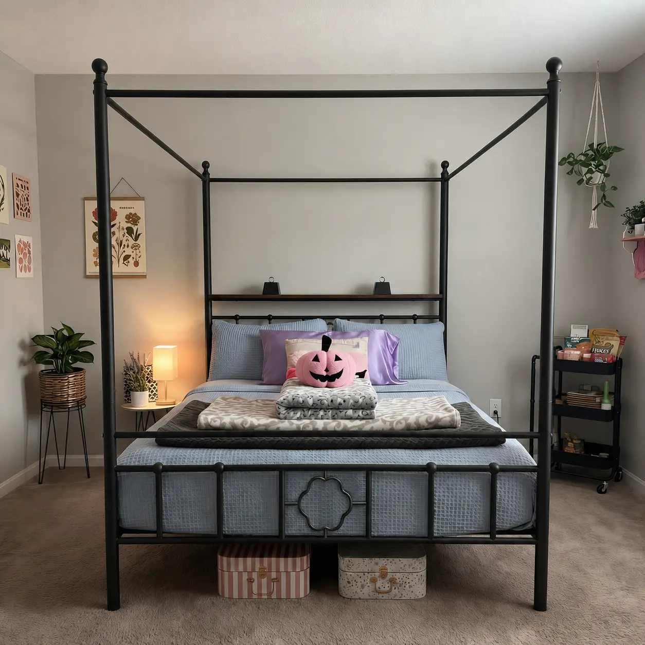Raybee Full/Queen Size Canopy Bed Frame with Storage Shelf on Headbaord, Dual Purpose Four Poster Bed with Removable Poles, 4-Leaf Clover Pattern, Noise Free Mute Sponge, 880lbs Capacity & Underbed Storage, Twin, Black, White for Teens, Dorms, Apartment