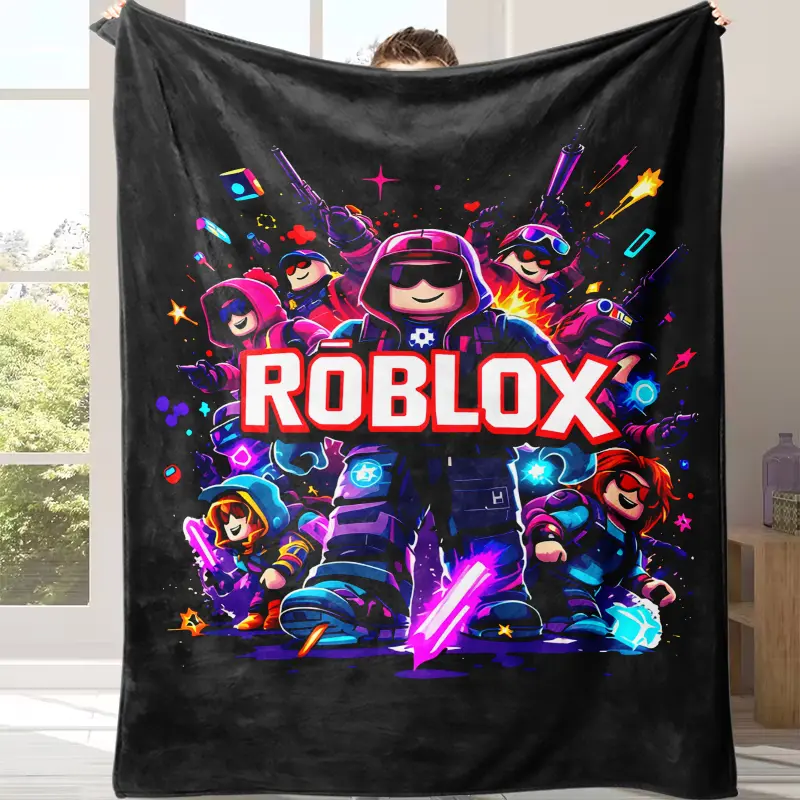 Roblox Theme Full Character Neon Graffiti Gaming Print Flannel Throw Blanket - Soft, Durable, Lightweight Fabric, Warm, Multi-Size, All-Season Cozy Cover, Contemporary Look, Modern Children’s Sandbox Game Merch Holiday Gift, Bedroom Decor, Warmth Focus