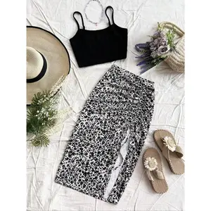 Women's Plain Cami Top & Ditsy Floral Print Ruched Drawstring Skirt, Casual Sleeveless Top & Skirt for Summer, Two-piece Women’s Sets, Womenswear