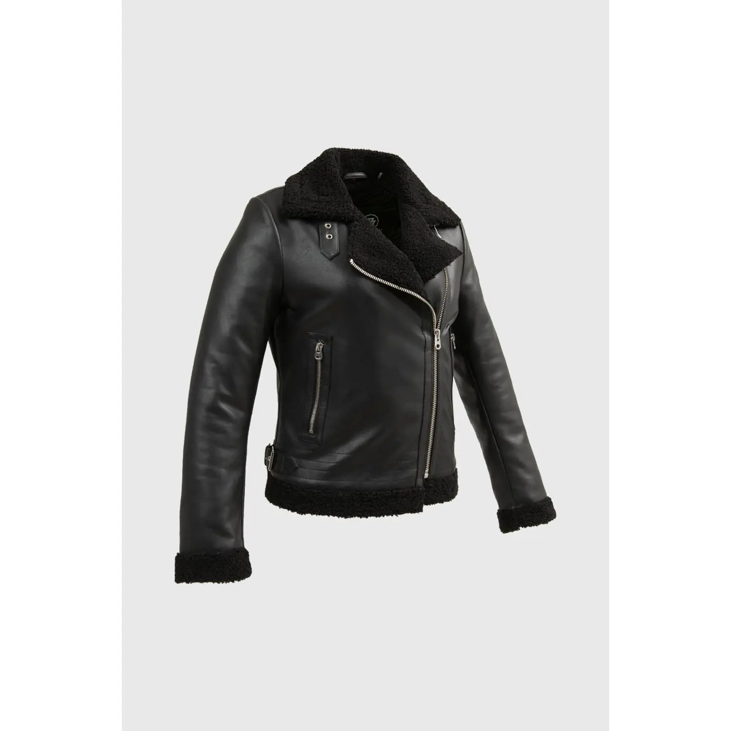 FM Women's Asymmetrical Zipper Black Shearling Leather Jacket