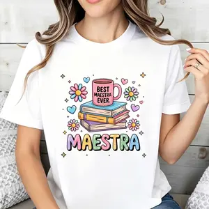 Cute And Colorful Women's T-Shirt With Best Maestra Ever Text And Books Coffee Mug Design For Teachers Gift Ideal For Spring And Summer Seasons Perfect For Teacher Appreciation Day Or Birthday Present