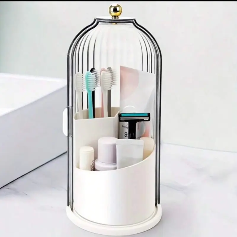 Elegant White And Gold Sliding Toothbrush Holder - 360 ° Rotating, Dustproof Bathroom Vanity Storage Box | Versatile Storage Toothbrushes, Toothpaste, Makeup Brushes, And More | Stylish Design With Transparent Door, Bathroom Tray, Bathroom Storage Box | S