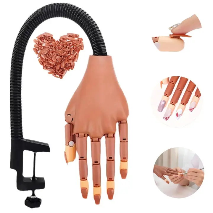 Manicure Practice Hand Model with False Nails, Practice Hand Kit for Nail Art, Flexible Movable Fake Hand for Acrylic Nails with 100 Nail Tips, Nail Training Tool for Home & Salon Use, Ideal for Beginners Manicure Training, DIY Nail Art Supplies