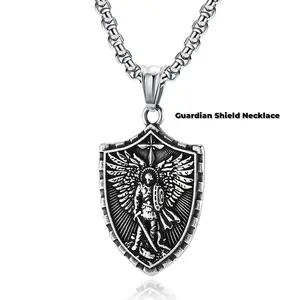 Guardian Angel Shield Necklace - Stainless Steel Saint Michael Design 40mm x 25mm Pendant 60cm Chain Hypoallergenic Gift Ready