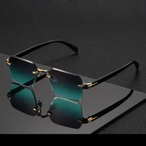 Luxury Rimless Rectangle Sunglasses | Retro Gold Accents with Gradient Green Lenses - Vintage Brand-Inspired Design, Perfect for Men & Women, Business Casual, Street Style & Elevated Daily Looks
