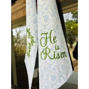 He is Risen! Elegant Embroidered Easter Cross Wreath Sash on Blue & White Floral Cotton Fabric for Front Door Decor - Artwork
