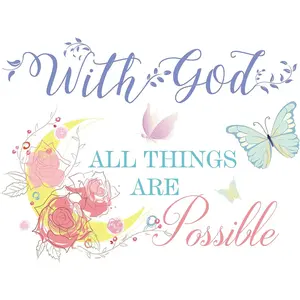 Colorful Bible Verse Wall Decals, "With God All Things Are Possible" Vinyl Inspirational Stickers (20.8x15.7in) Flower Butterfly Decor for Bedroom & Living Room