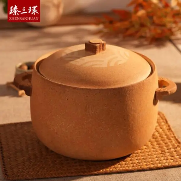 ZhZhenSanHuan Traditional Handmade Earthenware Clay Pot Casserole with Lid and Handles - 4L Cookware for 4-6 People, Kitchen Essential, Oven
