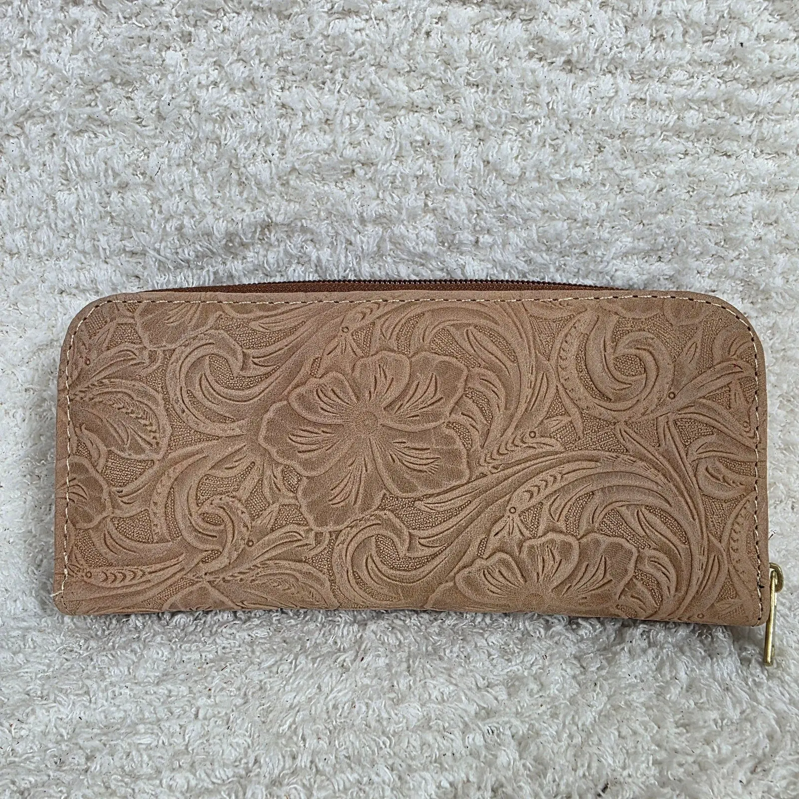 Natural Tan Floral Embossed Leather Double Zip Bifold Wallet | Handmade in Mexico