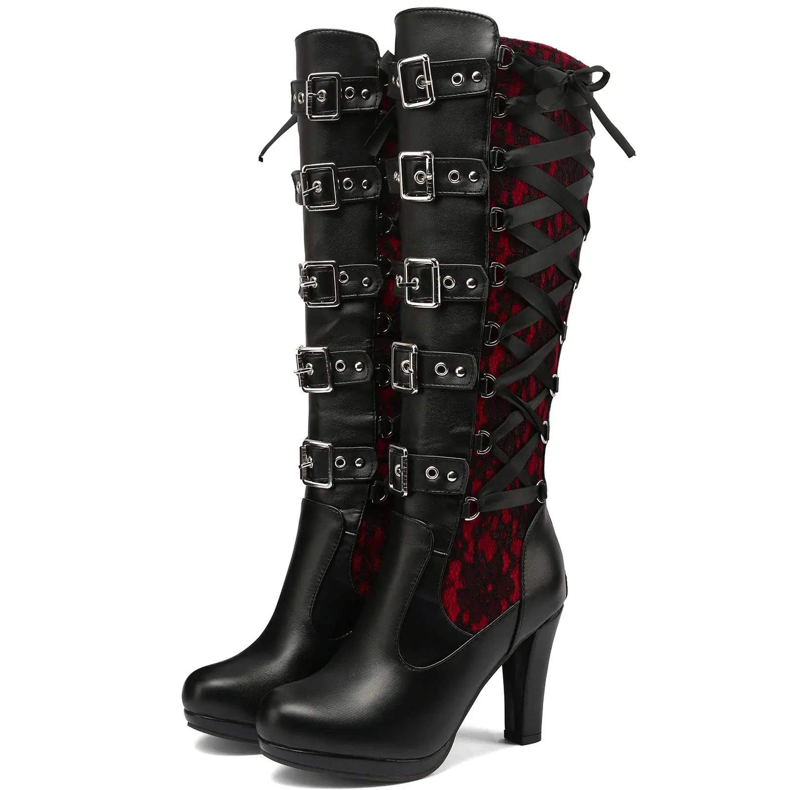 Women's Gothic Knee-High Closed-Toe Bootlace Lace-Up Rubber Heels, 9cm Chunky Heel Platform, Buckle Closure, Ideal for Wedding Bridal, Halloween Events Black Heeled Boots Western Inspired Boots Kira Studded Boot