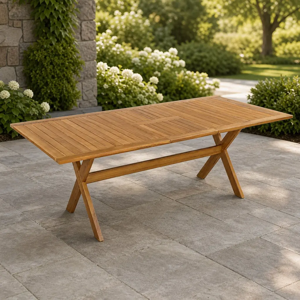 Acacia Wood Outdoor Dining Table for 4-6 People, Expandable Telescopic Patio Table 60-76 Inch, Teak Finish, Weather-Resistant Garden Furniture with X-Shaped Legs, Ideal for Backyard Gatherings, Teak Color Options, Acacia Wood Material