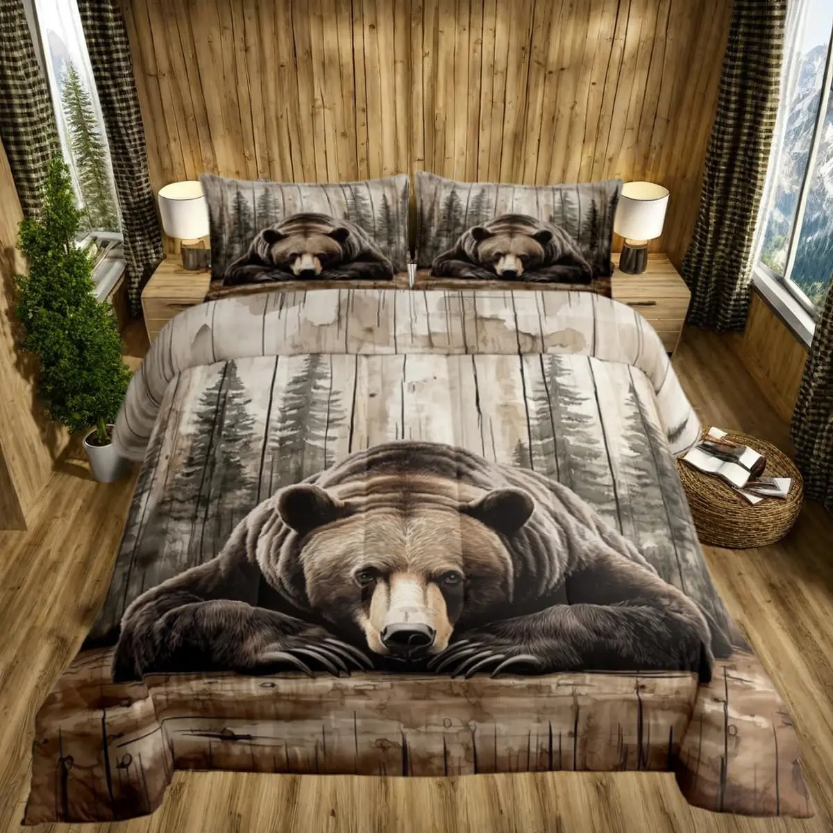Feelyou Grizzly Bear Microfiber Bedroom Bedding Set - Hunting Wild Animal Comforter, Rustic Farmhouse Cabin Quilt, Western Country Decorative Bedding for Home, Decorative Bedding Set