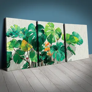 3 Piece Framed 2D Canvas Art Set, Abstract Jungle Monstera Leaf Wall Decor, Bohemian Modern Room Decoration