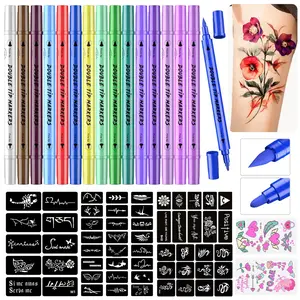 Temporary Tattoo Markers for Skin, 15 Body Markers + 56 Large Tattoo Stencils & 2 sheets Glow Stickers for Kids and Adults, Dual-End Tattoo Pens with Bold and Fine Lines safty