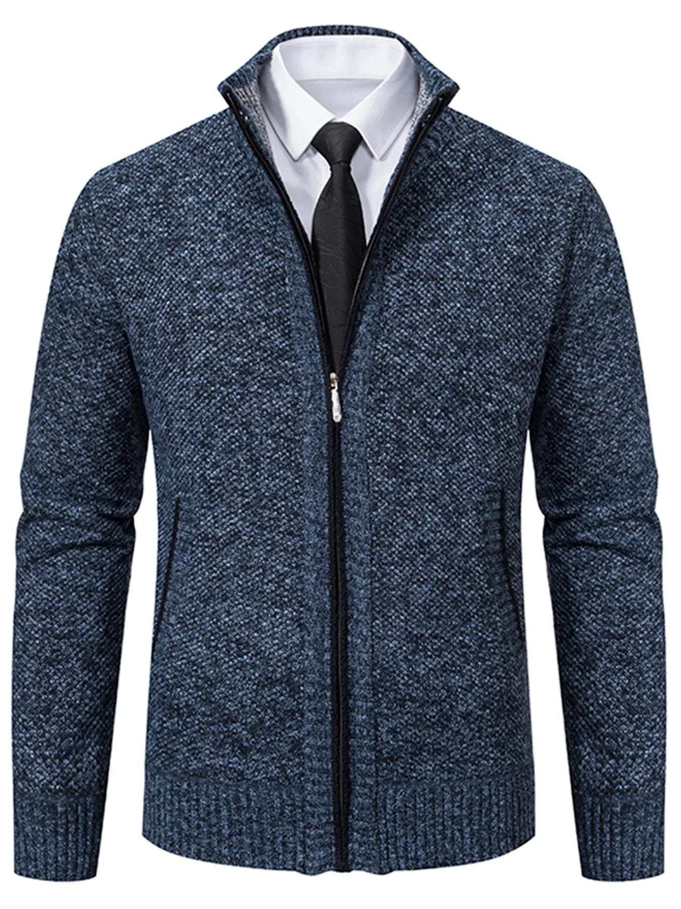 Men's Plain Pocket Zipper Cardigan, Textured Regular Fit Casual Long Sleeve Stand Collar Knitted Outerwear for Fall & Winter, Fashion Men's casual chic knitwear for Daily Wear, Menswear, Garments, Fashion Knit Clothing, Knitted Clothes