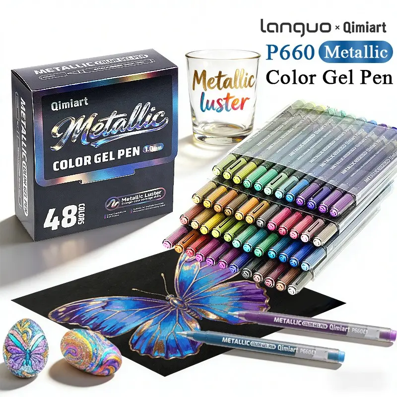 Languo 48 Color Metallic Gel Pen Set, 1.0mm Broad Tip, High Coverage Metal Gloss Ink, Large Capacity, Multi-Material Use, Professional Art Supplies, Art Drawing Supplies, Paint Pen, Art Materials, Art Pens