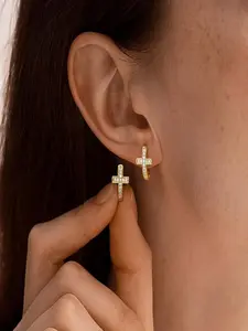 Gold Cross Earrings for Women – 14K Gold Plated Small Huggie Hoop Earrings, Dainty Trendy CZ Cross Hoop Jewelry, Cute Hypoallergenic Hoops, Valentine Gifts for Women