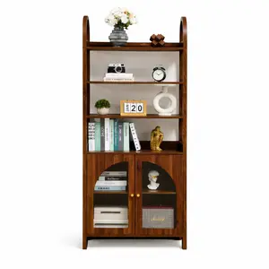 Giratree 71" Tall Bookcase, Mid-Century Wood Bookshelf with 4-Tier Open Shelves + 2 Tier Storage Cabinet, Freestanding Book Display Cabinet with Arched Acrylic Door for Living Room, Home Office