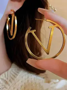 Women Geometric Shapes V-Shape Letter Ring Hoop Earrings, Hollow Design, Non-Fading Metal Glossy Rings, Elegant Daily Wear Jewelry