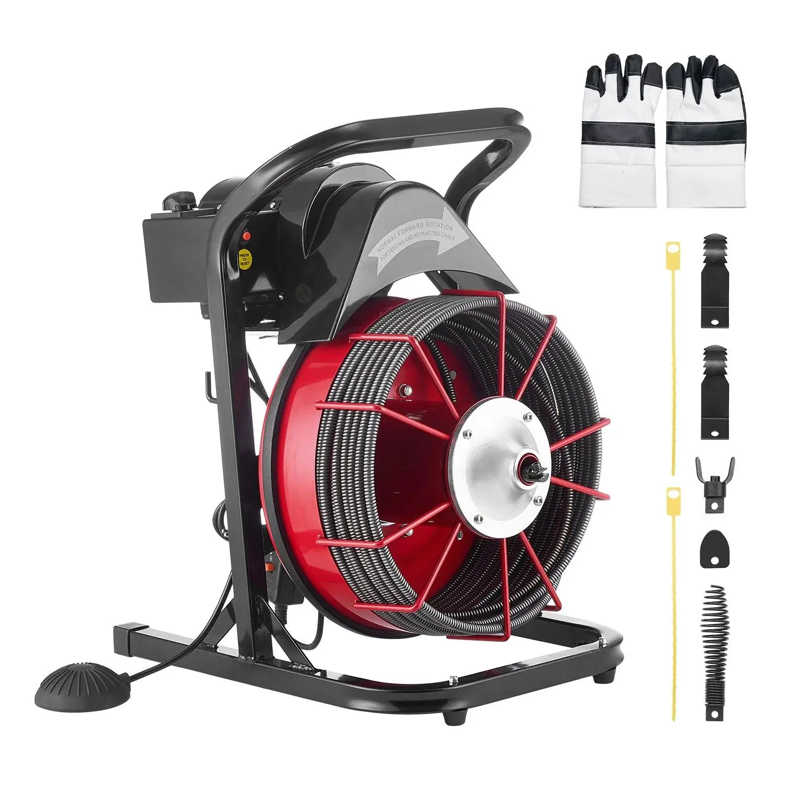VEVOR Pipe Unclogging Drain Cleaner Machine, 75 ft x 1/2 in Steel Core Sewer Snake Auger, Manual Feed, Air-Activated Foot Switch, 4 Interchangeable Cutters, High Speed, for 2"-6" Pipes, 75 Ft X 1/2 Inch