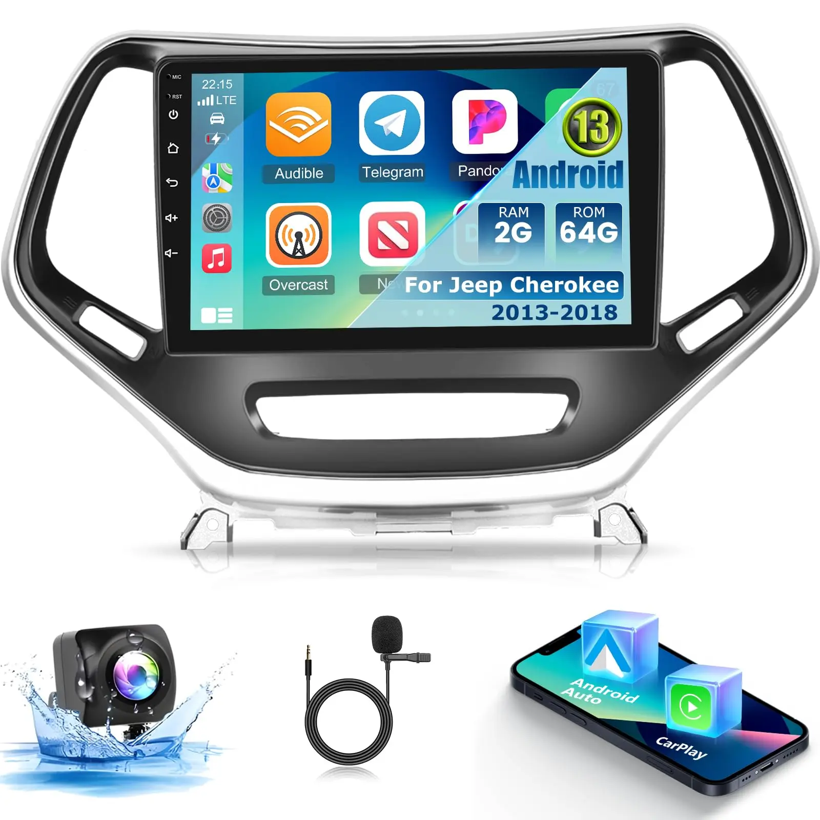 [2+64G] Car Radio for Jeep Cherokee 2013-2018 - Wireless Carplay and Android Auto - 10.1 Inch Touchscreen Android 15 Car Stereo - DSP/WiFi/GPS Navigation/SWC + AHD Backup Camera