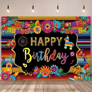 Mexican Style Birthday Party Background Banner, Vibrant Flags and Floral Design, Vinyl Photography Backdrop for Cake Table Decorations