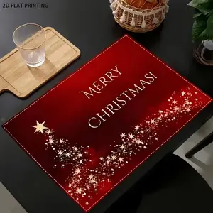 2D flat printing, 2-piece/4-piece/6-piece/8-piece set, Christmas table mat set, red "Merry Christmas" holiday table mat, heat-resistant, hand wash only, suitable for Christmas kitchen, restaurant desktop decoration and party, holiday atmosphere