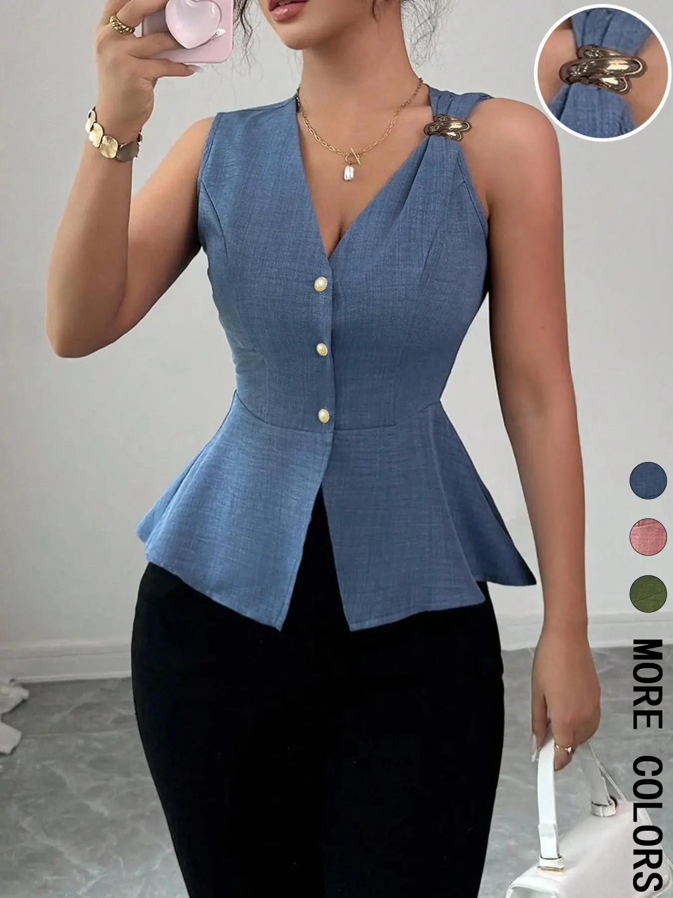 Women's Solid Color Basic V-Neck Sleeveless Blouse Shirt, Button, Metal Buckle Detail, Peplum Hem, Waist-Flattering Cut, Fit, Breathable Fabric, Office & Casual Summer Wear, Elegant Tailored Style, Womenswear Top，1 Piece