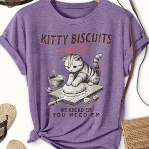 Kitty Biscuits Bakery Funny Cat Graphic Cotton T-Shirt, Valentine's Day Gift for Cat Lovers, Oversized Comfort Fashion Cute Tee