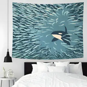 Orca Pod Swimming with Fish Tapestry - Artistic Marine Life Print Wall Hanging with Whale & School of Fish, Ocean Theme Background Fabric for Bedroom & Living Room Decor