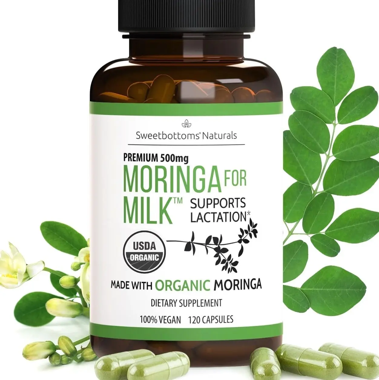 Lactation Supplement - Organic Moringa Capsules for Breastfeeding Support to Increase Breastmilk Supply (120 ct) Pure Malunggay Leaf Powder for Milk Production Booster & Postnatal Vitamins A E K 500mg