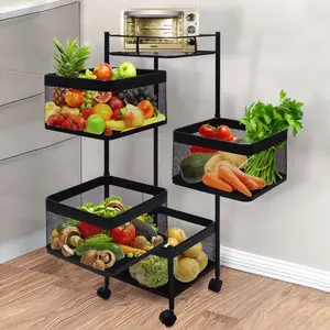 Kitchen Storage Rack Rotating Vegetable with Wheels Square White Multi-Layer Floor-Standing Rack-Rotating Vegetable Rack, Household Storage Shelf Can Be Moved Easily Without Taking Up Space Fruit Organiser Basket Movable Room Set Hollow Photo