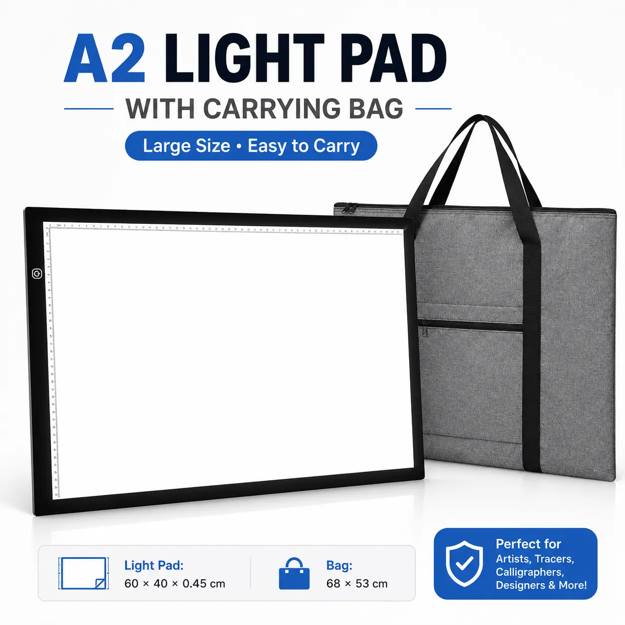 A2 LED Light Pad with Carrying Bag, Large Light Board for Diamond Painting, Tracing, Sketching & Crafts, Includes 4 Binder Clips and 59 in Type-C Cable