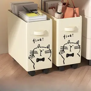 Cute cat pattern rolling storage cart with wheels, foldable fabric storage basket with "Fine!" print, suitable for home and bedroom use - multifunctional portable laundry basket / storage basket