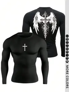 Men's Fitted Outdoor Sports Print Long Sleeve T-Shirt, Comfortable Breathable Compression Fitness Training Tee, Casual Fashion Workout Shirt, Compression Workout Shirts, Fitness Top, Sports Tops, Workout Apparel, Casual Sporty Top