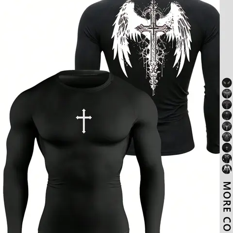 Men's Fitted Outdoor Sports Print Long Sleeve T-Shirt, Comfortable Breathable Compression Fitness Training Tee, Casual Fashion Workout Shirt, Compression Workout Shirts, Fitness Top, Sports Tops, Workout Apparel, Casual Sporty Top