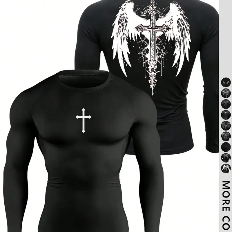 Men's Fitted Outdoor Sports Print Long Sleeve T-Shirt, Comfortable Breathable Compression Fitness Training Tee, Casual Fashion Workout Shirt, Compression Workout Shirts, Fitness Top, Sports Tops, Workout Apparel, Casual Sporty Top